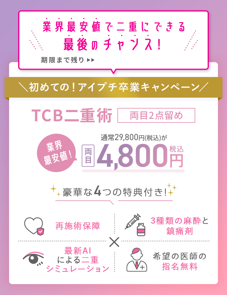 TCB二重整形4800円の口コミ評判、キャンペーンページ